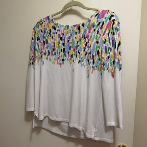 Multiples White Long Sleeve Scoop Neck Top with Multicolor Paint-Dot Print